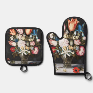 Ensemble De Gant De Cuisine Et De Manique Tulipes et Roses Hollandaises Antiques de Bosschae