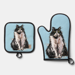 Ensemble De Gant De Cuisine Et De Manique Tuxedo Chat Cute Chats Noir Blanc Pastel Bleu