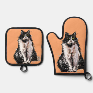 Ensemble De Gant De Cuisine Et De Manique Tuxedo Chat Cute Chats Noir Blanc Pastel Orange