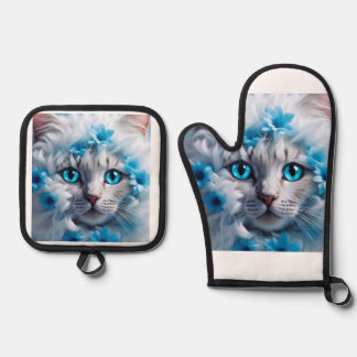 Ensemble De Gant De Cuisine Et De Manique Un chat blanc beaux yeux