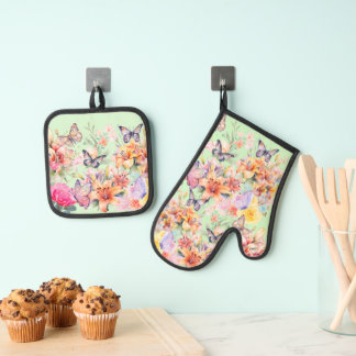 Ensemble De Gant De Cuisine Et De Manique Une étude en Pastel (fleurs et papillons)