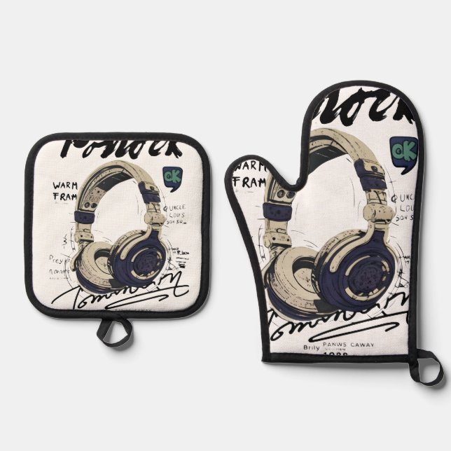 Ensemble De Gant De Cuisine Et De Manique Urban Retro Headphone Vibe Illustration (Recto)