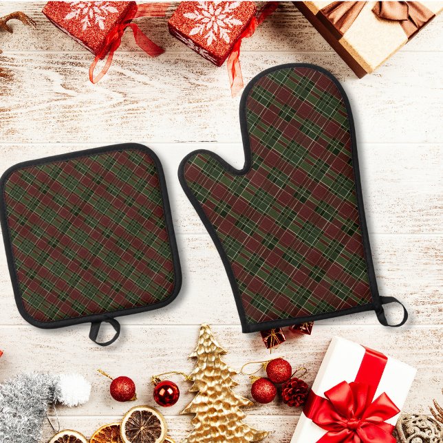 Ensemble De Gant De Cuisine Et De Manique Vacances de Noël vert de Bourgogne (Burgundy Green Plaid Christmas Holiday Oven Mitt & Pot Holder Set)