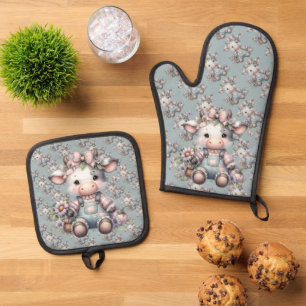 Ensemble De Gant De Cuisine Et De Manique Vache Bébé mignonne Pastel dans les salons avec fl