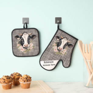 Ensemble De Gant De Cuisine Et De Manique Vache Holstein noire et blanche avec fleurs