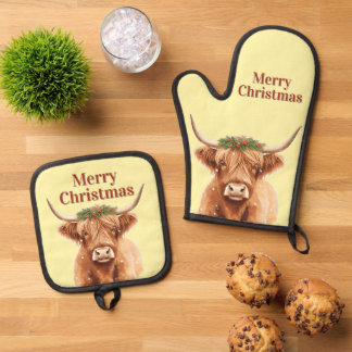 Ensemble De Gant De Cuisine Et De Manique Vache miniature de Noël en verdure des Highlands