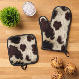 Ensemble De Gant De Cuisine Et De Manique Vache taches blanches noires fourrure