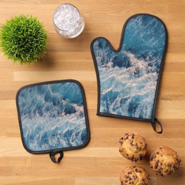 Ensemble De Gant De Cuisine Et De Manique Vagues bleu océan (De haut en bas)