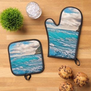 Ensemble De Gant De Cuisine Et De Manique Vagues océaniques : Horizon bleu
