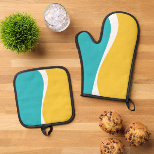 Ensemble De Gant De Cuisine Et De Manique Vagues simples 2 en turquoise, jaune et blanc