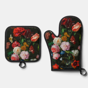 Ensemble De Gant De Cuisine Et De Manique Vase de verre avec des fleurs