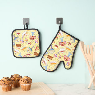 Ensemble De Gant De Cuisine Et De Manique Vente de pain sucré Polka jaune Arrière - plan
