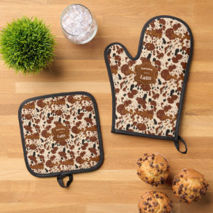 Ensemble De Gant De Cuisine Et De Manique Véritable motif cuir de vache Latte 100% Neutre