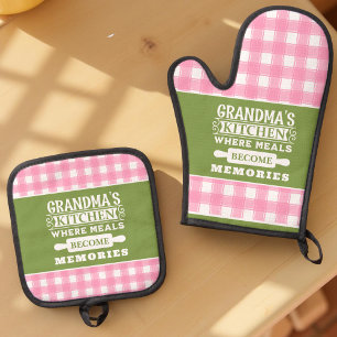 Ensemble De Gant De Cuisine Et De Manique Vert rose En vichy les repas de grand-mère devienn