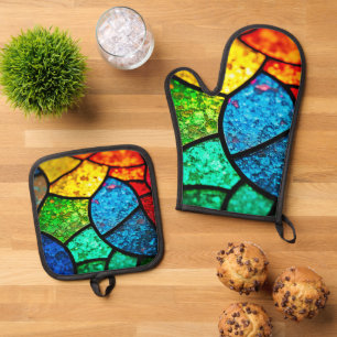 Ensemble De Gant De Cuisine Et De Manique Vibrant Art Texturé en Verre Coloré Teinté