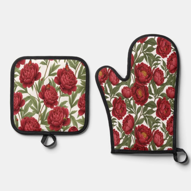 Ensemble De Gant De Cuisine Et De Manique Vibrant Red Peony Collection Customizable Party (Recto)