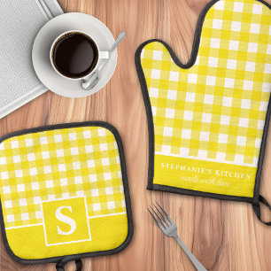 Ensemble De Gant De Cuisine Et De Manique Vichy jaune à carreaux monogrammé