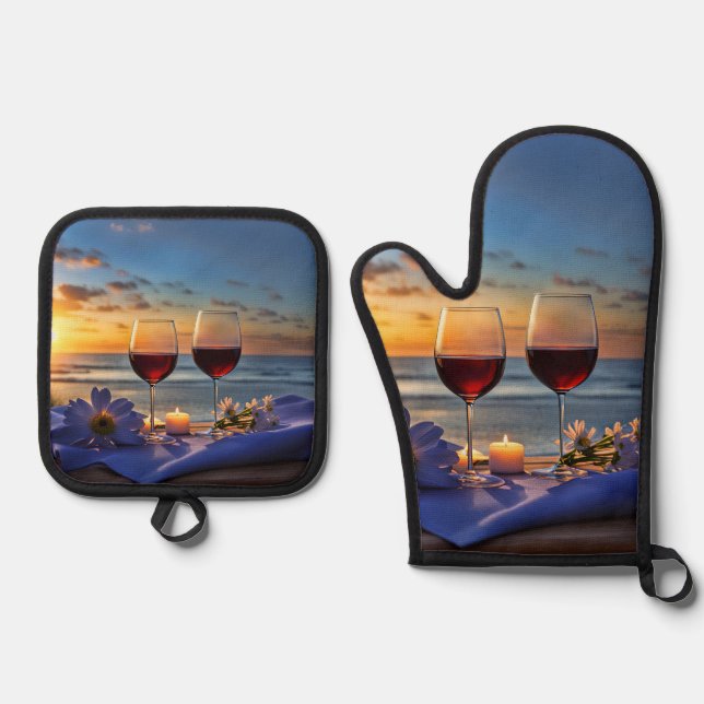 Ensemble De Gant De Cuisine Et De Manique Vin et plage (Recto)