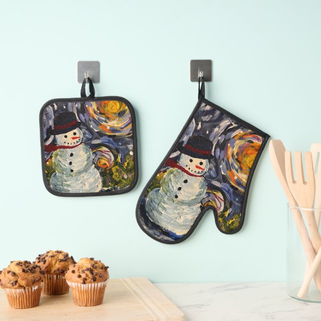 Ensemble De Gant De Cuisine Et De Manique Vincent Snowman Pot Holder & Mitt set (In situ (suspendu))