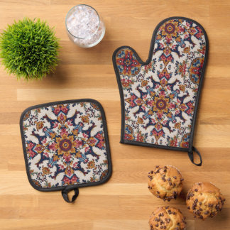 Ensemble De Gant De Cuisine Et De Manique Vintage Antique Persian Oriental Turkish Pattern 