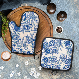 Ensemble De Gant De Cuisine Et De Manique Vintage delft bleu floral nom personnalisé