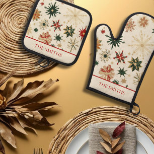 Ensemble De Gant De Cuisine Et De Manique Vintage Gold et Red Snowflakes Personnalisé
