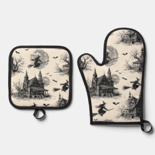Ensemble De Gant De Cuisine Et De Manique Vintage Haunted House and Witch Toile Motif (2)