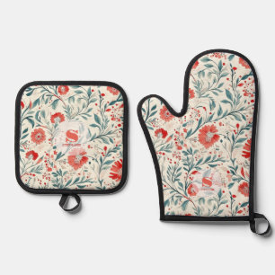 Ensemble De Gant De Cuisine Et De Manique Vintage marguerite rouge motif floral - Botanique