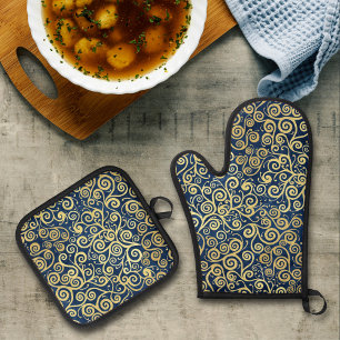 Ensemble De Gant De Cuisine Et De Manique Vintage or et bleu marine Motif Abstrait de luxe
