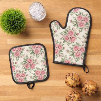 Ensemble De Gant De Cuisine Et De Manique Vintage Pink Watercolor Roses Floral Seamless
