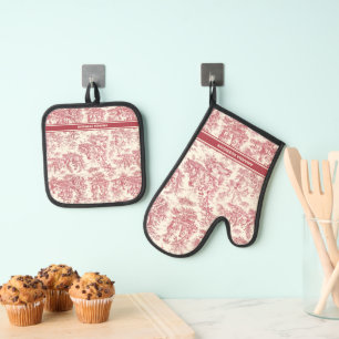 Ensemble De Gant De Cuisine Et De Manique Vintage rouge toile de jouy imprimé