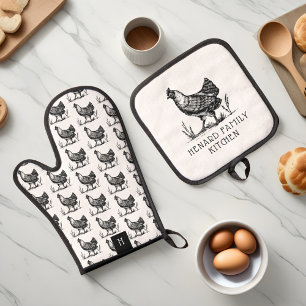 Ensemble De Gant De Cuisine Et De Manique Vintage Sketch Farm Hen noir et blanc Monogam