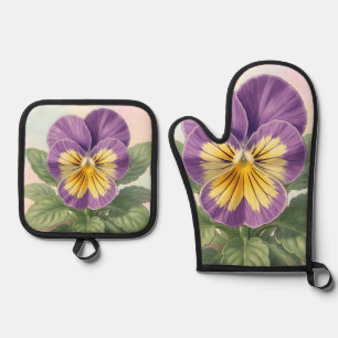 Ensemble De Gant De Cuisine Et De Manique Violet Jaune Vibrant Fleur de Pensée Botanique 