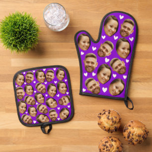 Ensemble De Gant De Cuisine Et De Manique Visage Photo personnalisée avec coeur couple viole