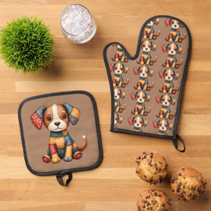 Ensemble De Gant De Cuisine Et De Manique Whimswork Puppy Folk Art Cottagecore