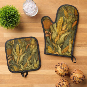 Ensemble De Gant De Cuisine Et De Manique William Morris Automne Maïs Écureuil Rétro
