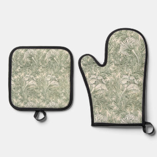 Ensemble De Gant De Cuisine Et De Manique William Morris tulip fond textile vert