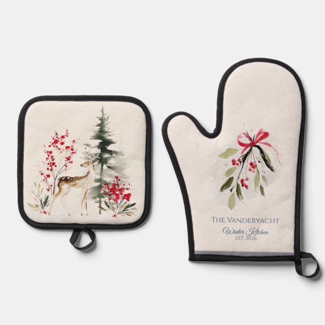 Ensemble De Gant De Cuisine Et De Manique Winter Woodland Deer & Mistletoe (Recto)