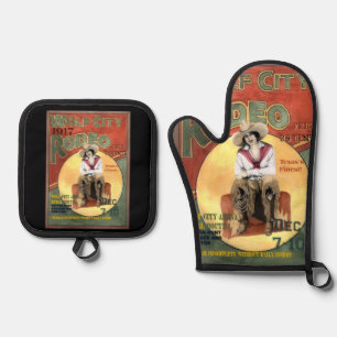 Ensemble De Gant De Cuisine Et De Manique "Wolf City, Texas Rodeo"