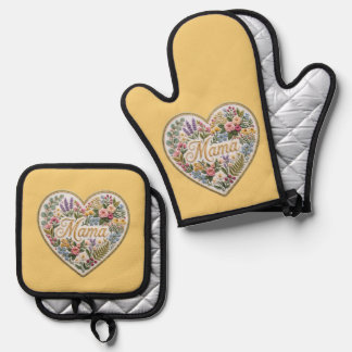 Ensemble De Gant De Cuisine Et De Manique Yellow Floral Faux Embroidery Heart Mama
