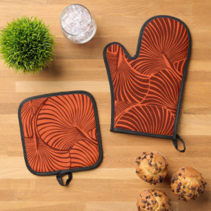 Ensemble De Gant De Cuisine Et De Manique Zebra Fan Palm Hawaiian Tropical Burn Orange