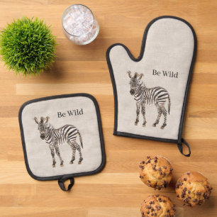 Ensemble De Gant De Cuisine Et De Manique Zèbre Safari Animal Fausse Linen