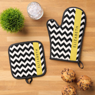 Ensemble De Gant De Cuisine Et De Manique Zigzag noir et blanc, Motif Chevron, Votre nom