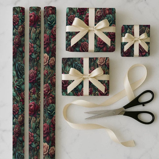Ensemble de papier cadeau Art Nouveau Rose sarcell (Art Nouveau Rose Teal Wrapping Paper Bundle Set)