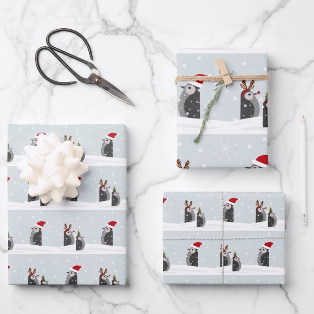Ensemble de papier cadeau avec manchots de fêtes (Recto)
