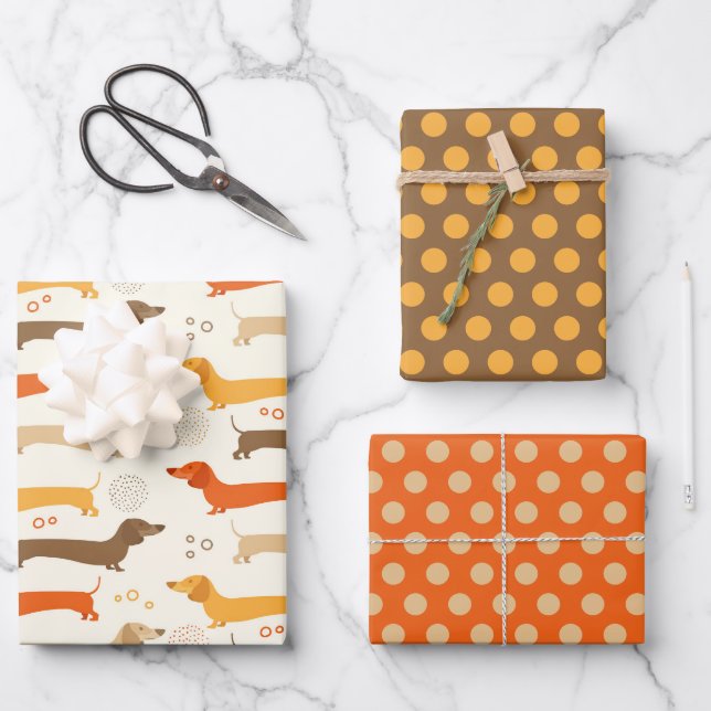 Ensemble de papier cadeau Dachshunds et pois (Recto)