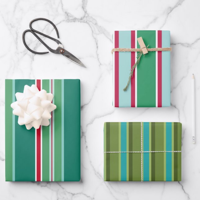 Ensemble de papier cadeau de Noël rayé rétro (Recto)