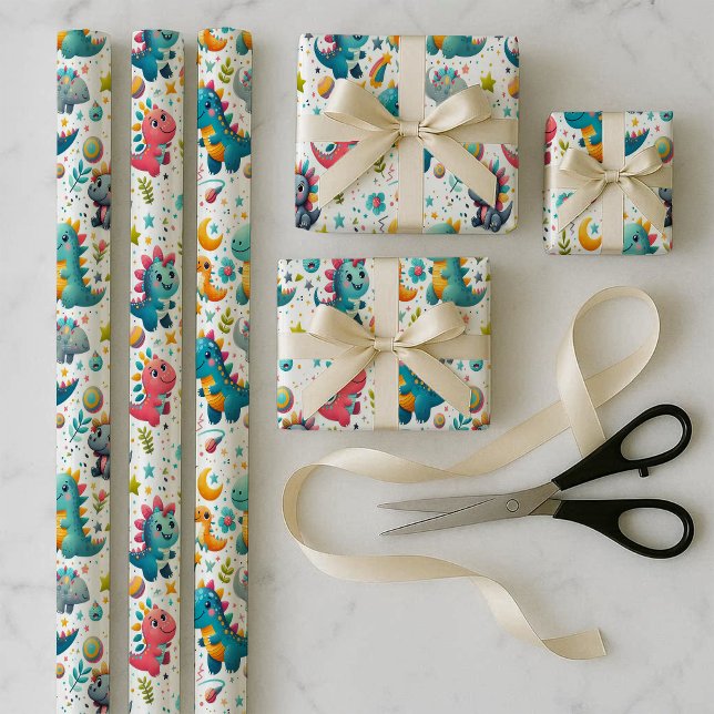 Ensemble de papier cadeau Dinosaure bébé sarcelle (Baby Dinosaur Teal Dino Wrapping Paper Bundle Set)