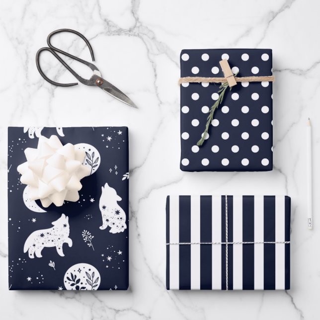 Ensemble de papier cadeau Loup hurleur à la Lune (Recto)