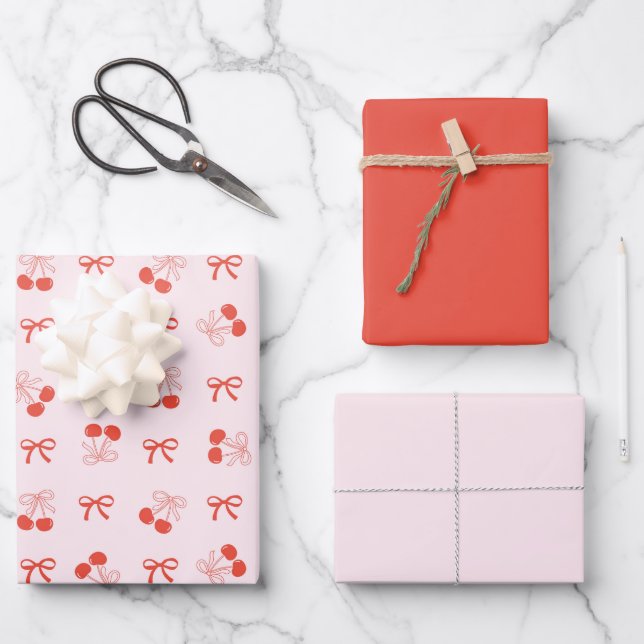 Ensemble de papier cadeau rose coquette rouge ceri (Recto)